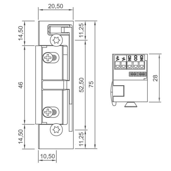 ESU1000 ESU1000X Izyx Systems : Gâche électrique universelle 20,5 mm à encastrer, multi-tensions, émission - rupture - mémoire , dimensions