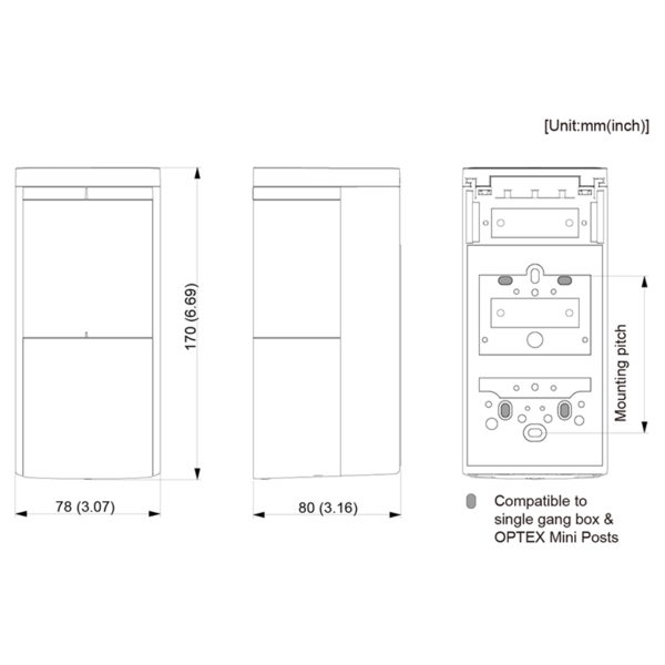 Dimensions du détecteur de véhicules boucle virtuelle ( virtual Loop ) Optex OVS-02GT pour barrières automatiques, les portes et portails, ainsi qu'un feu de signalisation ou un distributeur de ticket.