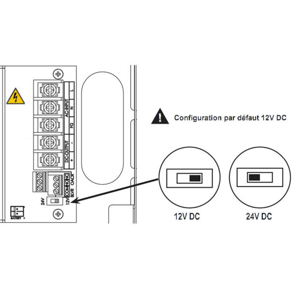 sélection de la tension de sortie 12 ou 24 V de l'alimentation électrique secourue universel bi-tension 12-24 VDC en coffret métal SEWOSY AD1224R