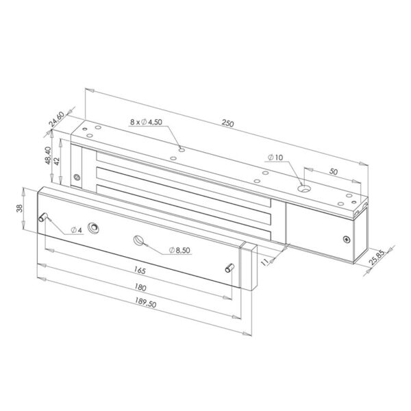 Dimensions de la ventouse électromagnétique EF300CTC-R en applique avec contact REED intégré. Pour toutes les applications intérieures de contrôle d'accès.