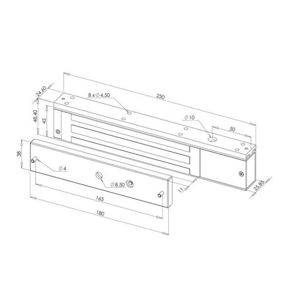 Dimensions de la ventouse électromagnétique SEWOSY VELMAG EF300CTC conforme NF S 61 937 pour une pose en applique sur une porte d’issue de secours.