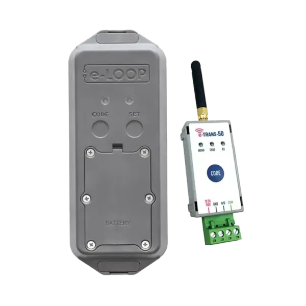 Boucle de détection électronique e-Loop de véhicules pour parking, fixation murale, transmission sans fil radio, distance de détection jusqu’à 3,5 mètres. Double technologie magnétomètre et radar. EL00PM-RAD avec émetteur - récepteur e-Trans 50.