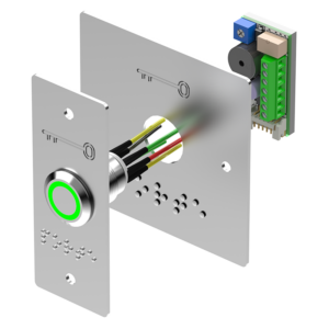 Bouton poussoir PMR BP inox avec plaque large ou étroite, marquage braille PORTE Led bicolore vert blanc Buzzer, temporisation. Sewosy PB19VB_BBL-E