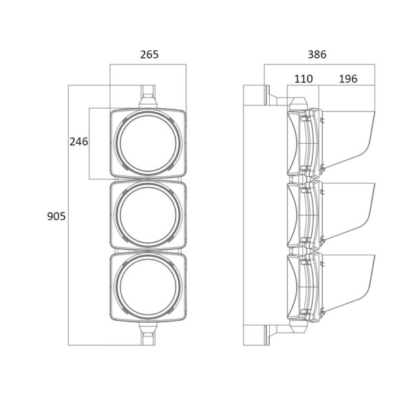 Dimensions du boitier de feux à la leds tricolore : rouge, orange ou vert pour la signalisation des voies de circulation, applications industrielles, parking