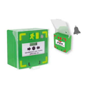 Déclencheur manuel vert IZYX RCP310G avec alarme lumineuse et sonore pour le déverrouillage des issue de secours.