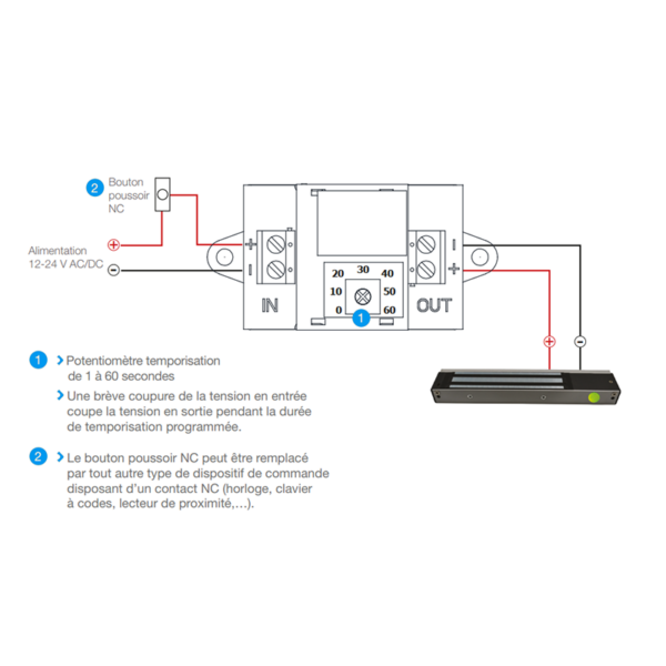 Raccordement du module temporisation d'ouverture porte ventouse électromagnétique Izyx Systems TM200S