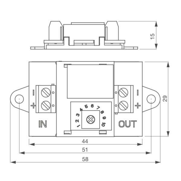 Dimensions du module temporisation d'ouverture porte ventouse électromagnétique Izyx Systems TM200S