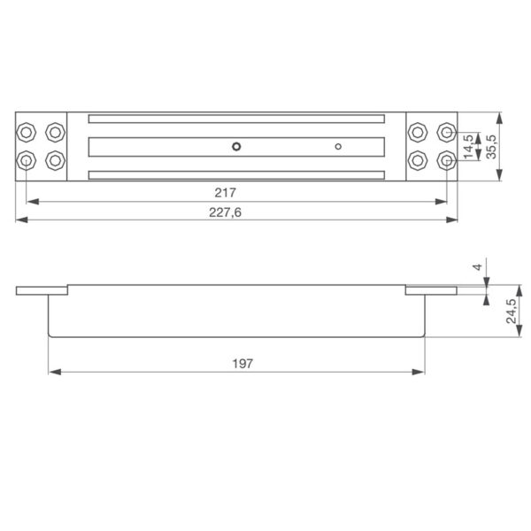 dimensions avec plaque ventouses électromagnétiques à encastrer par vis avec les plaques de montage fournies ou par vérin pour une pose affleurante et anti-vandale. Izyx Systems EMM60035 et EMM60035C.